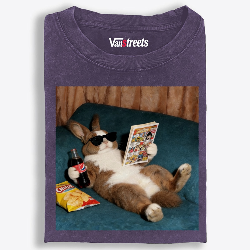 Laid-Back Bunny Comic & Snacks Washed T-Shirt | 100% Cotton | Streetwear Essential