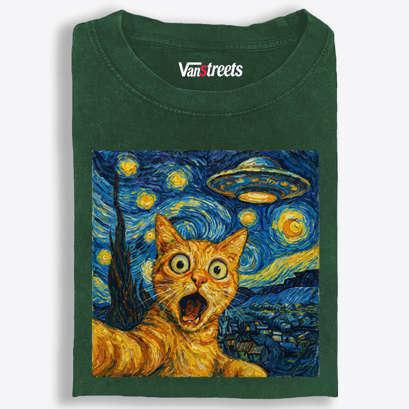 Cat in Starry Night with UFO Meme Retro Washed T-Shirt | 100% Cotton | Streetwear Essential