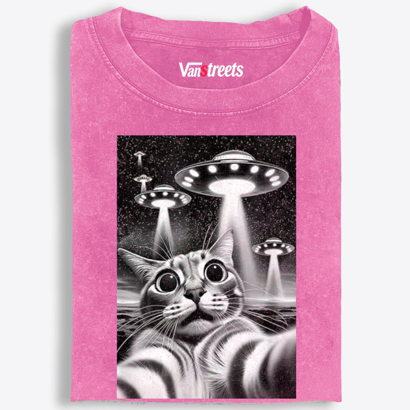 Cat Selfie with UFOs Sci-Fi Retro Washed T-Shirt | 100% Cotton | Streetwear Essential