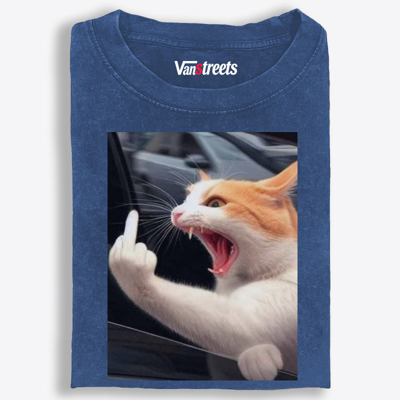 Middle Finger Cat Meme Retro Washed T-Shirt | 100% Cotton | Streetwear Essential