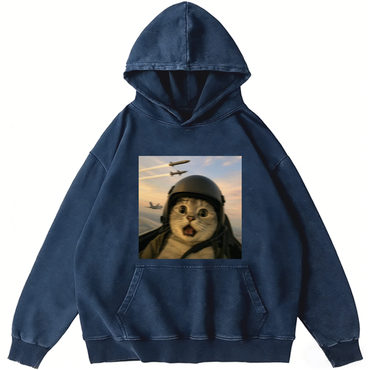 Fighter Jet Cat Pilot Meme Retro Washed Hoodie
