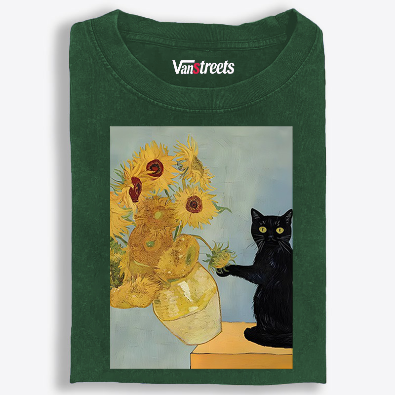 Van Gogh Sunflowers Black Cat Retro Washed T-Shirt | 100% Cotton | Streetwear Essential