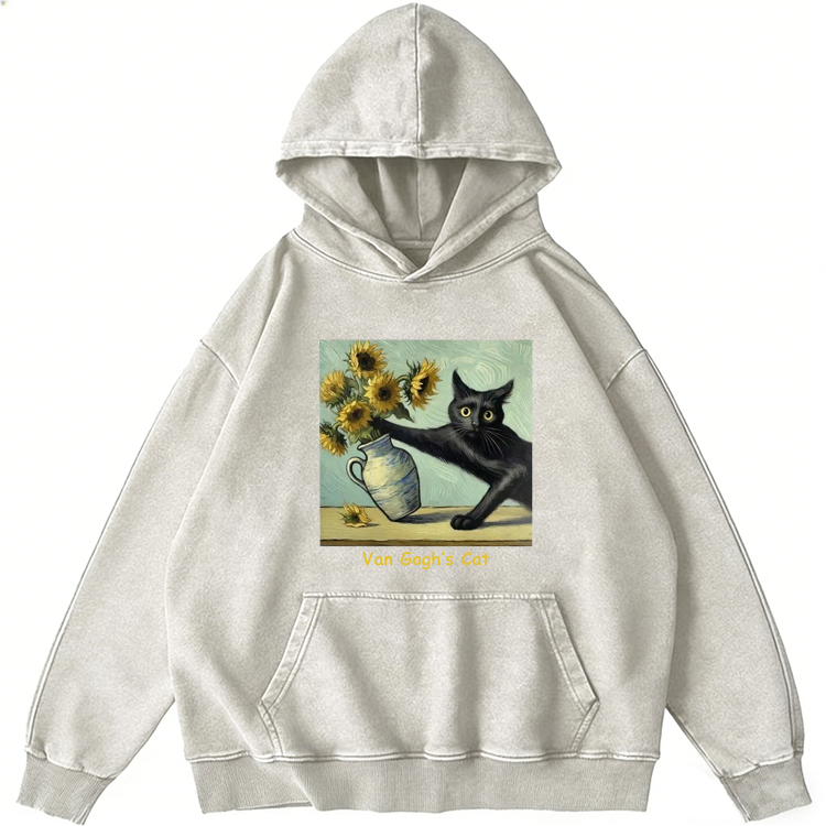 Van Gogh's Sunflowers Black Cat Retro Washed Hoodide | 100% Cotton | Streetwear Essential