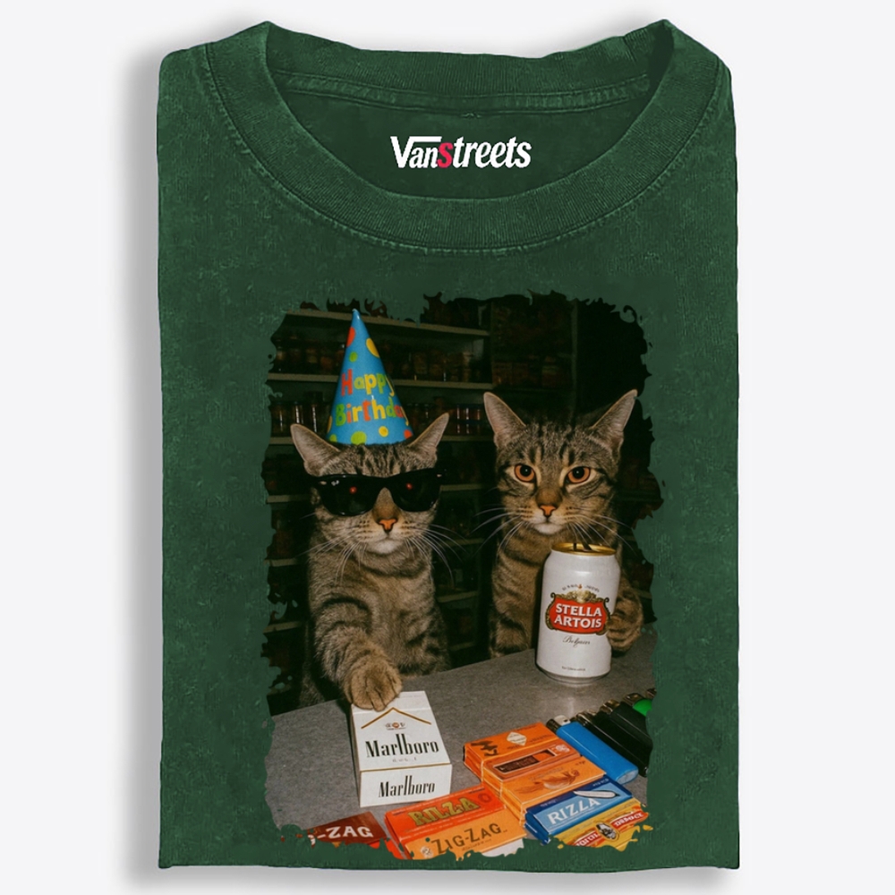 Birthday Party Cats Marlboro Beer Vintage Washed T-Shirt | 100% Cotton | Streetwear Essential