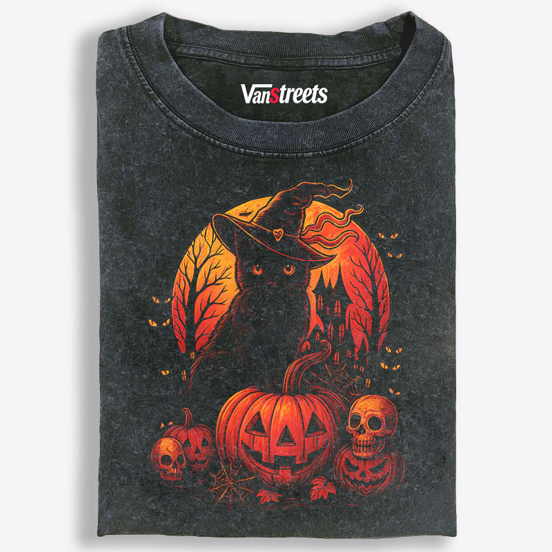 Halloween Black Cat Witch Pumpkins Skulls Retro Washed T-Shirt | 100% Cotton | Streetwear Essential