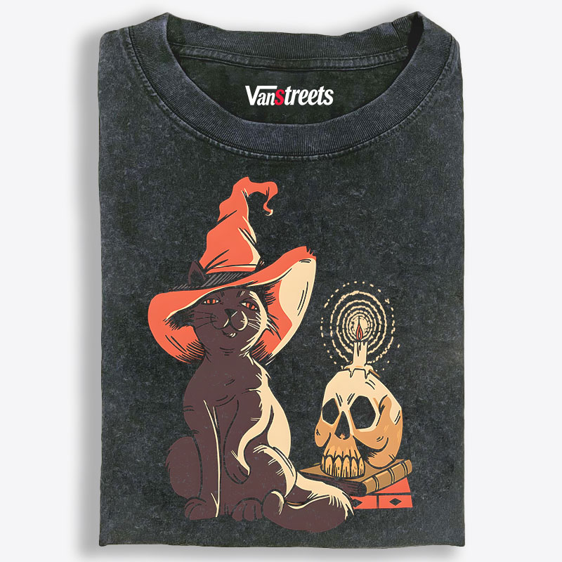 Witch Cat With Skull Candle Occult Retro Washed T-Shirt | 100% Cotton | Streetwear Essential