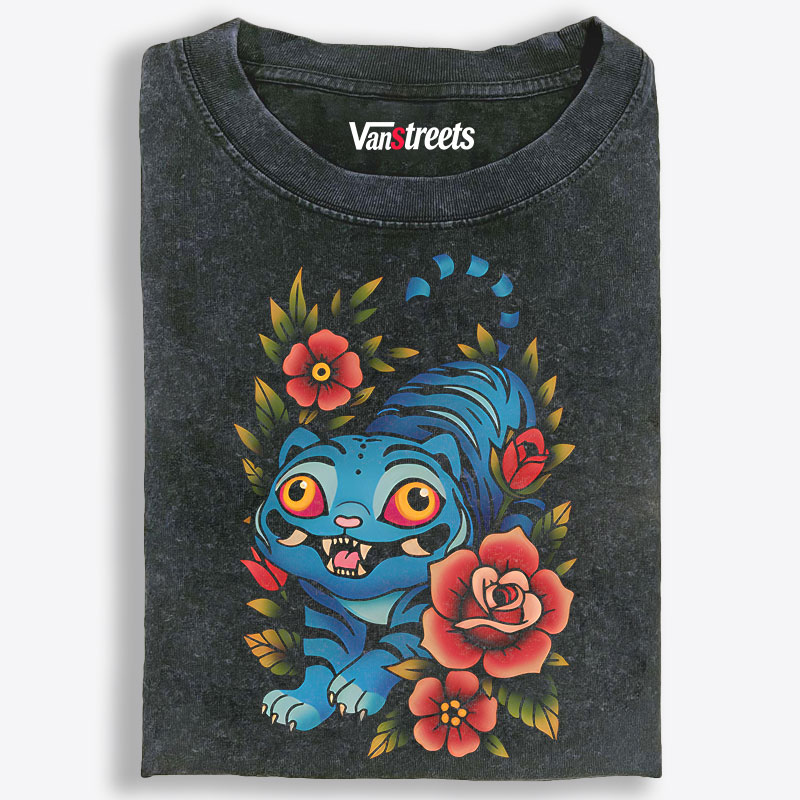 American Traditional Blue Tiger Roses Tattoo Retro Washed T-Shirt | 100% Cotton | Streetwear Essential