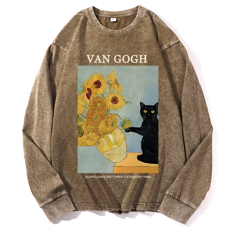Playful Cat Meets Van Gogh Sunflowers Retro Washed Long Sleeve T-Shirt