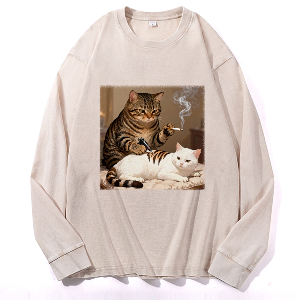 Cat Tattoo Artist Retro Washed Long Sleeve T-Shirt