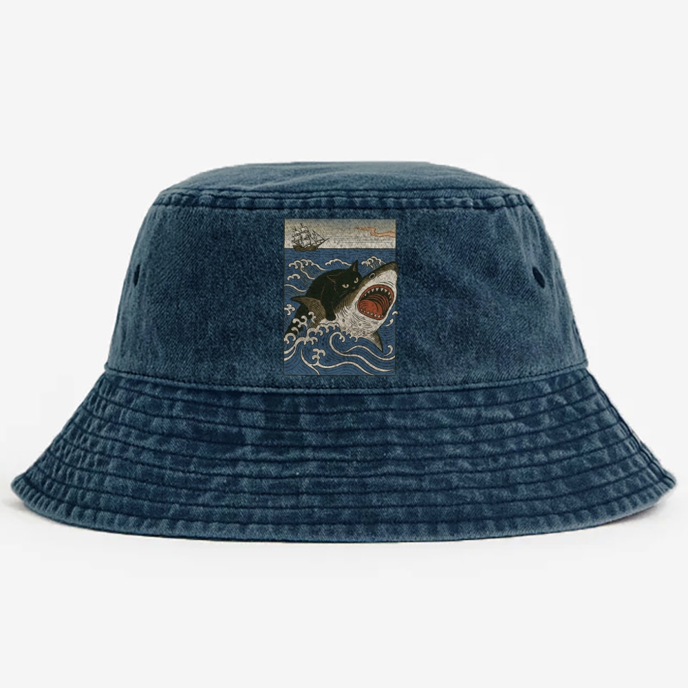Ukiyo-e Cat Riding Shark Retro Vintage Washed Bucket Hat