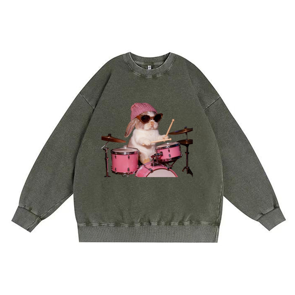 Bunny Rockin' Bunny Retro Premium Washed Cotton Crewneck Sweatshirt