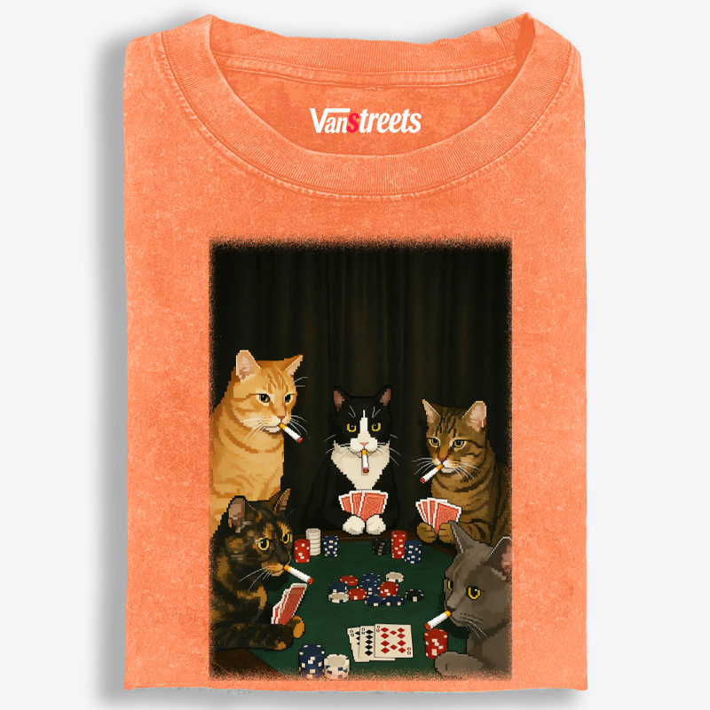 Midnight Poker Cats Retro Washed T-Shirt | 100% Cotton | Streetwear Essential