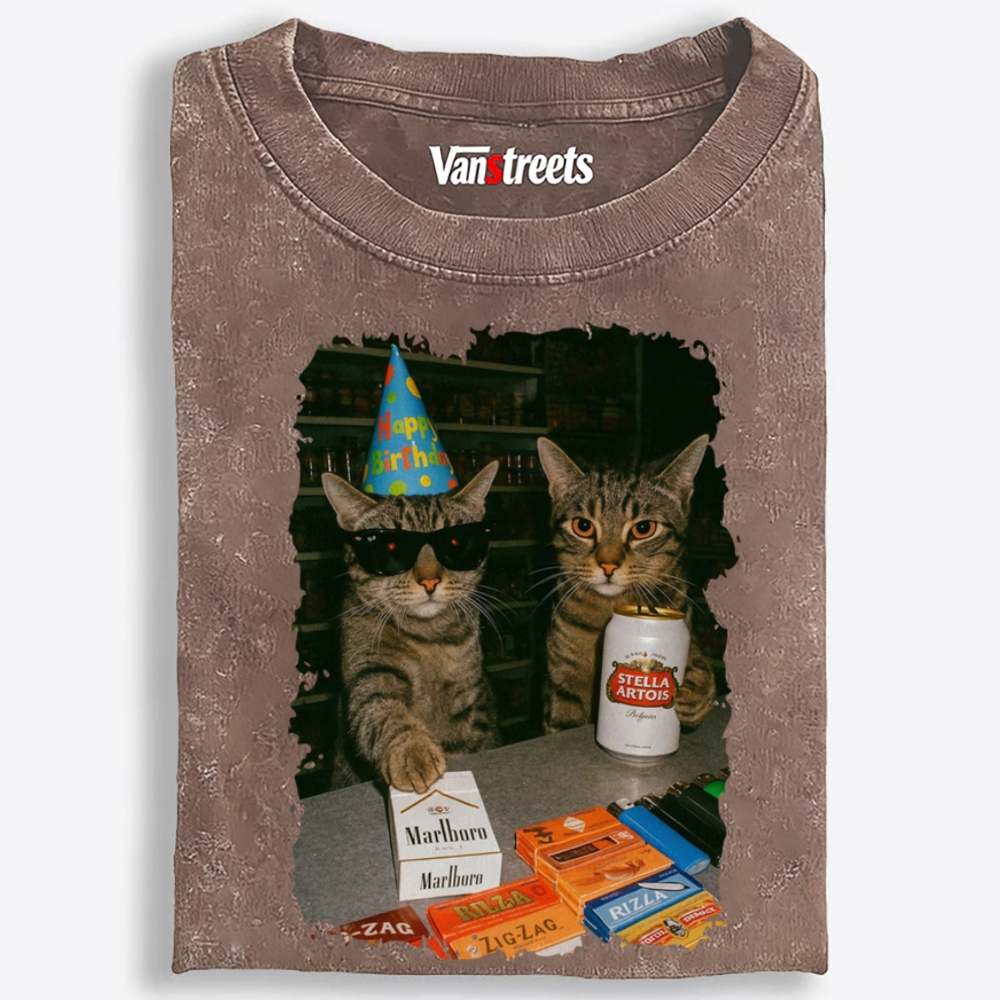 Birthday Party Cats Marlboro Beer Vintage Washed T-Shirt | 100% Cotton | Streetwear Essential