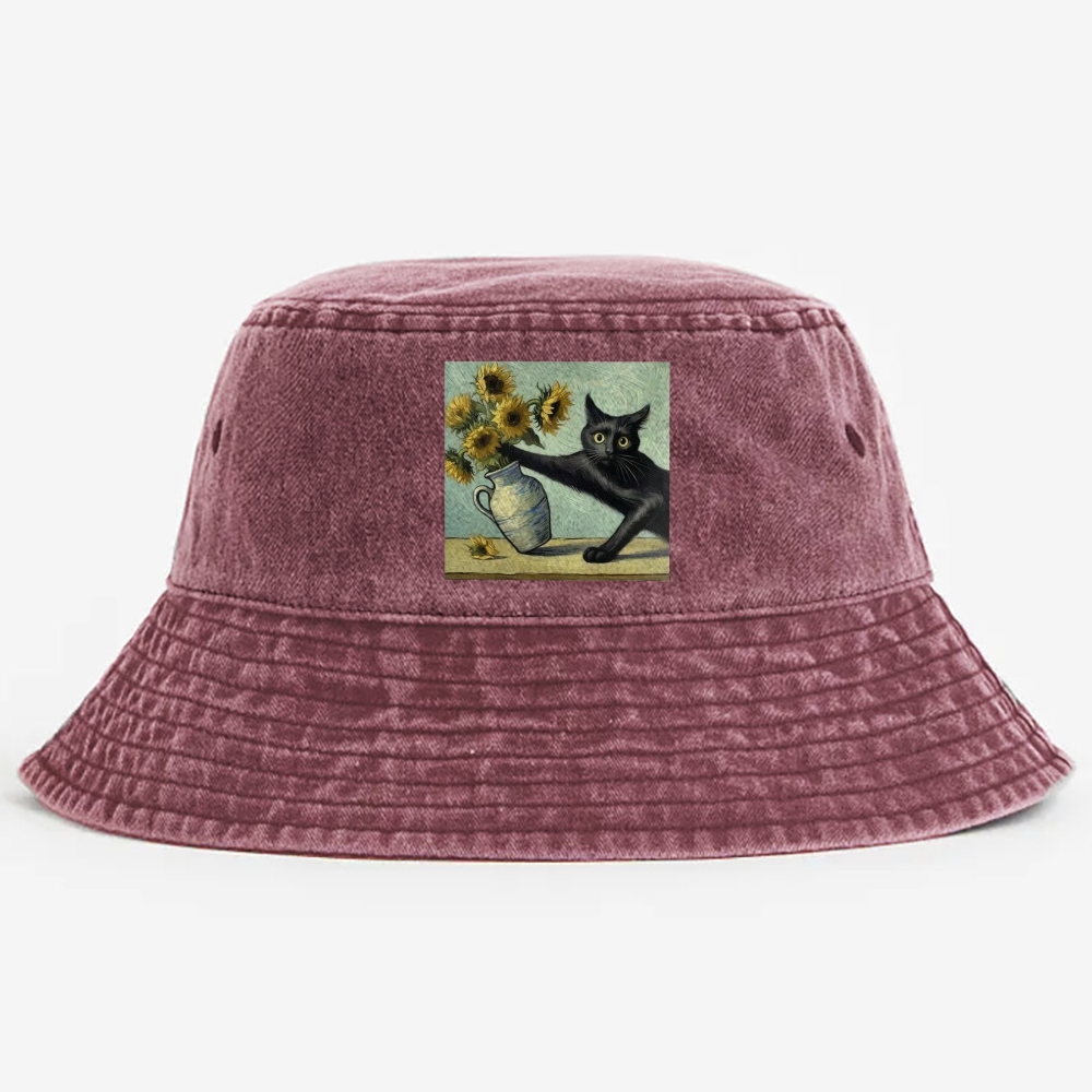 Van Gogh's Cat with Sunflowers Retro Vintage Washed Bucket Hat