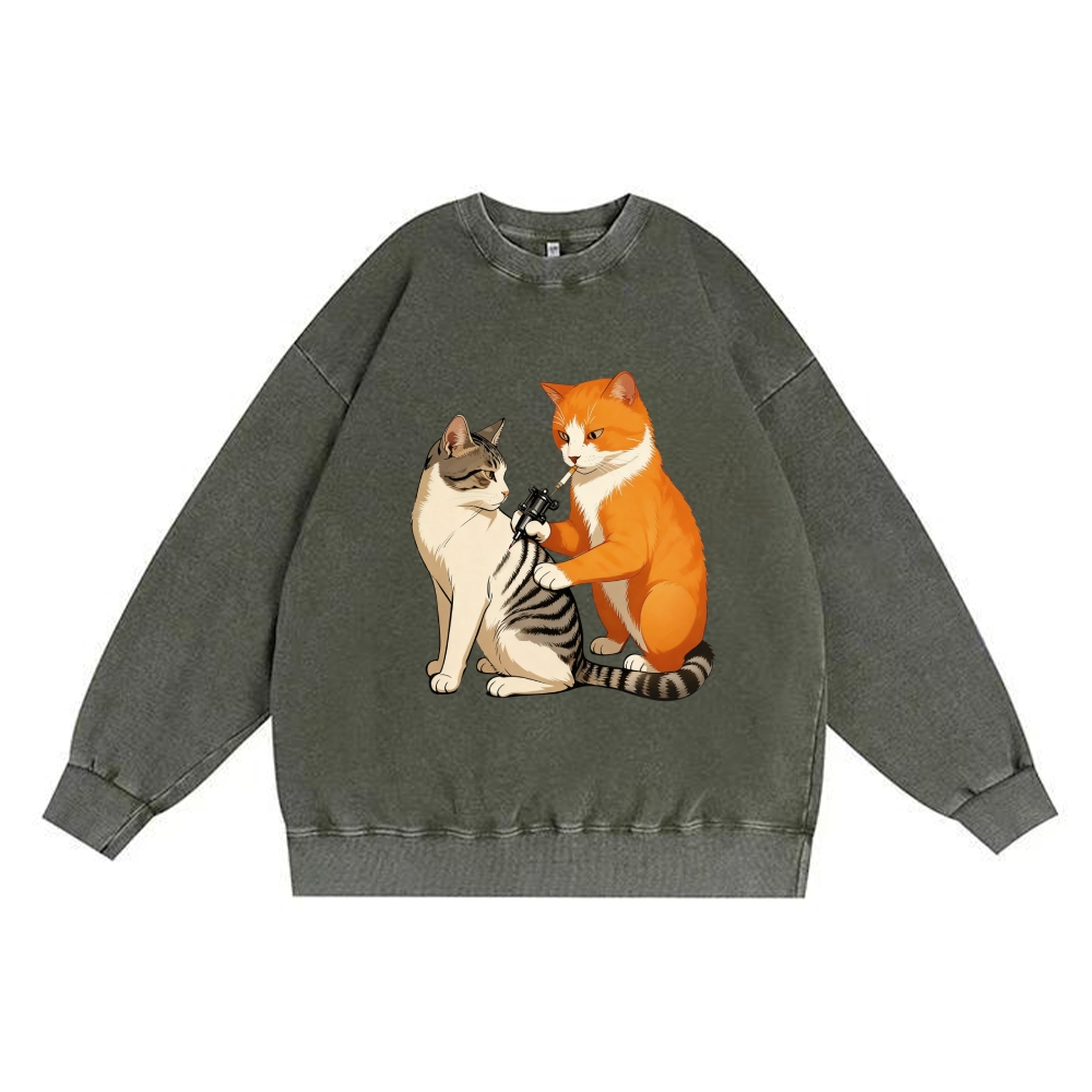 Tattoo Artist Orange Cat Retro Premium Washed Cotton Crewneck Sweatshirt