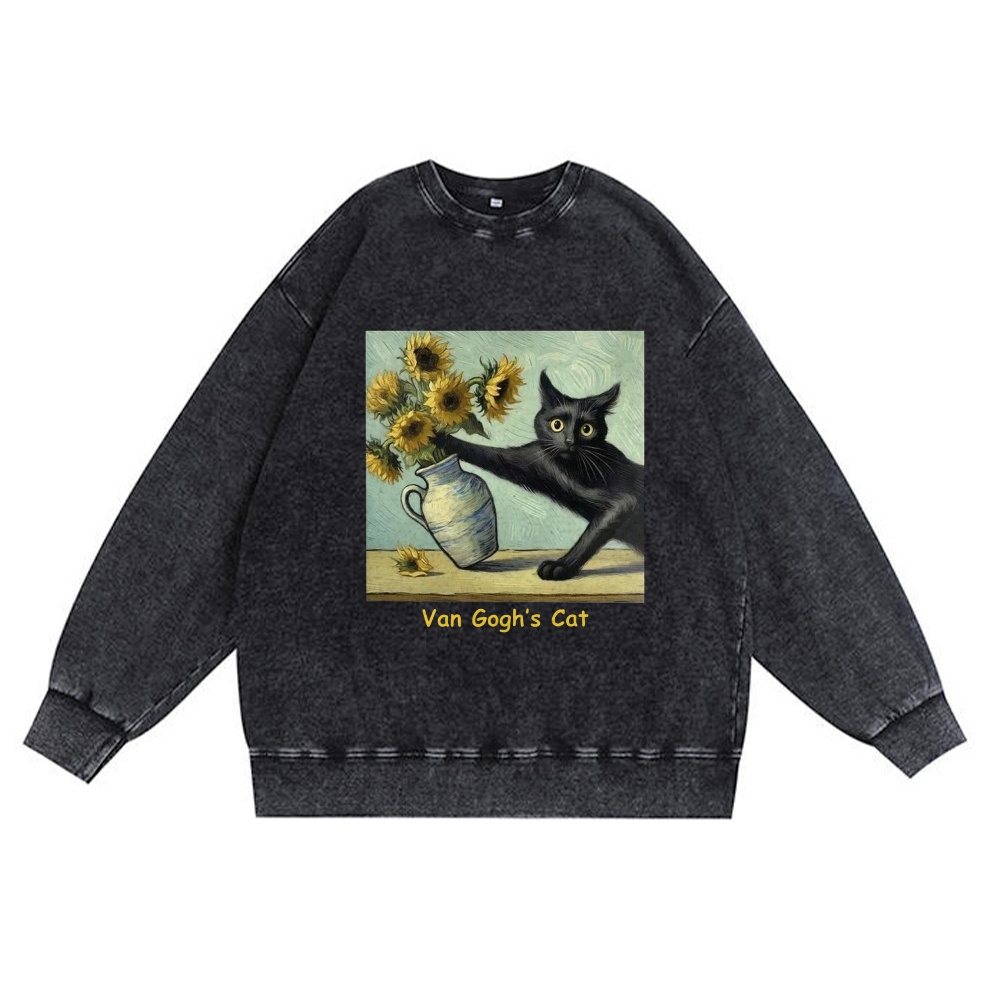 Van Gogh's Cat with Sunflowers Retro Premium Washed Cotton Crewneck Sweatshirt