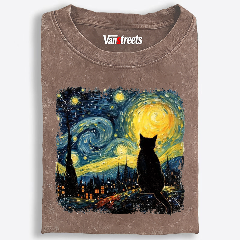 Van Gogh Starry Night CatRetro Washed T-Shirt | 100% Cotton | Streetwear Essential
