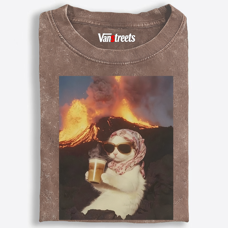 Volcano Coffee Cat Meme Retro Washed T-Shirt | 100% Cotton | Streetwear Essential