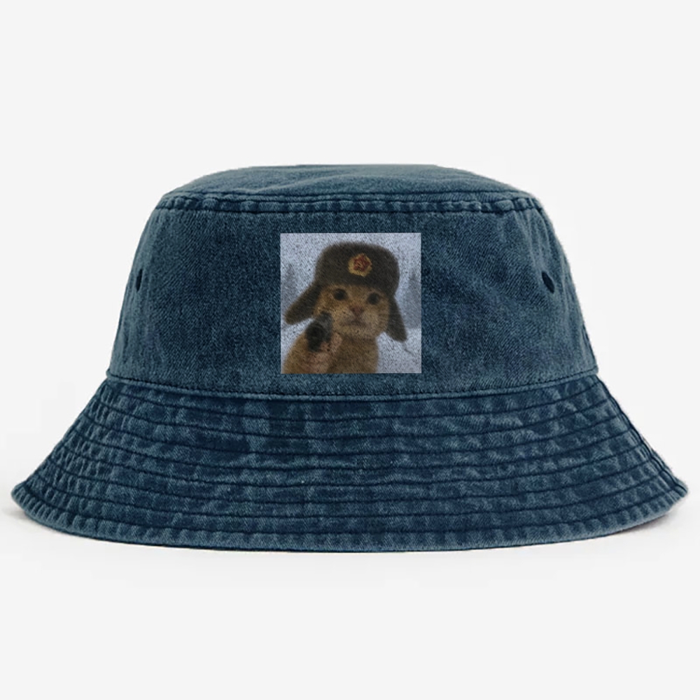 Soviet Ushanka Cat Retro Vintage Washed Bucket Hat