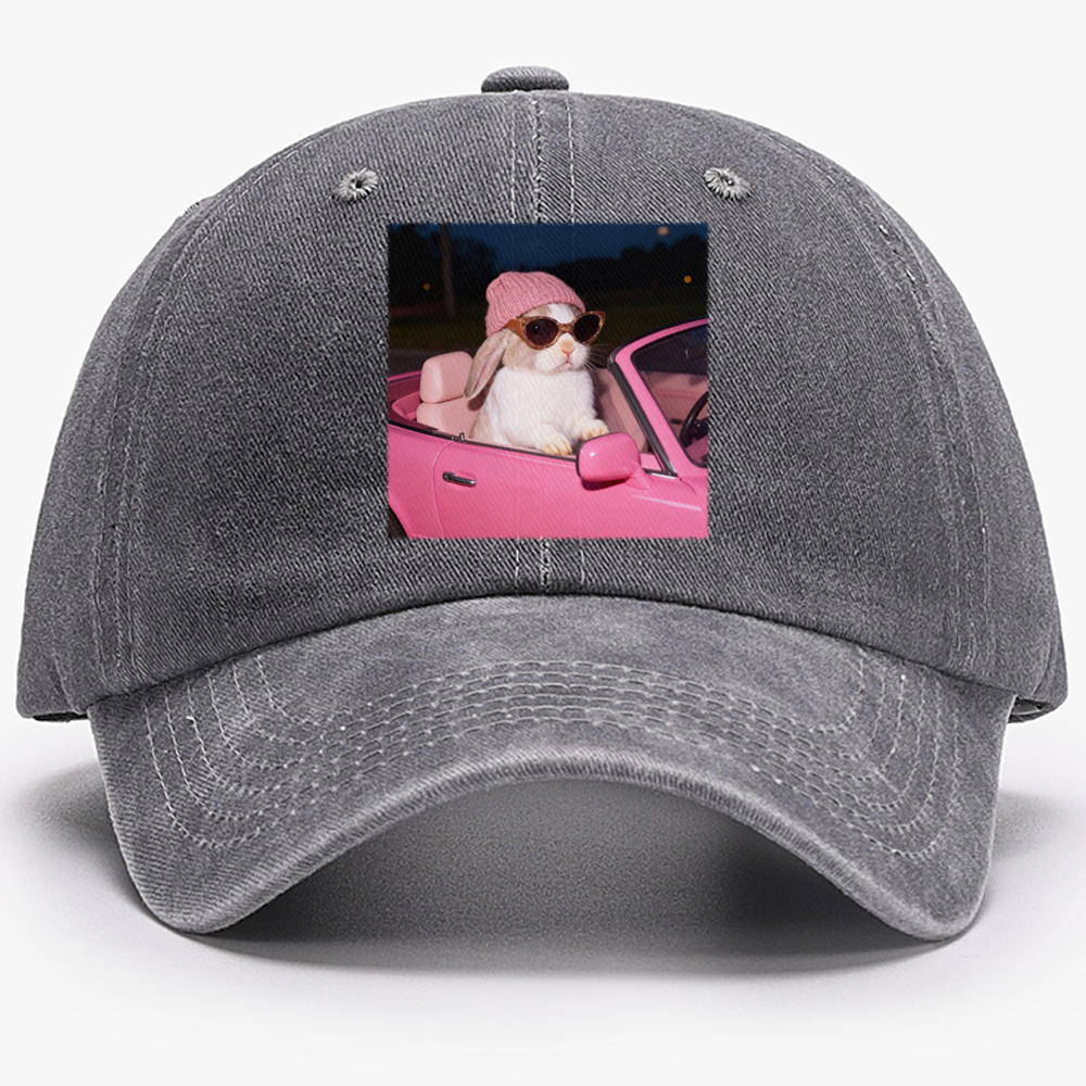 Pink Sports Car Cool Rabbit Retro Washed Baseball Cap
