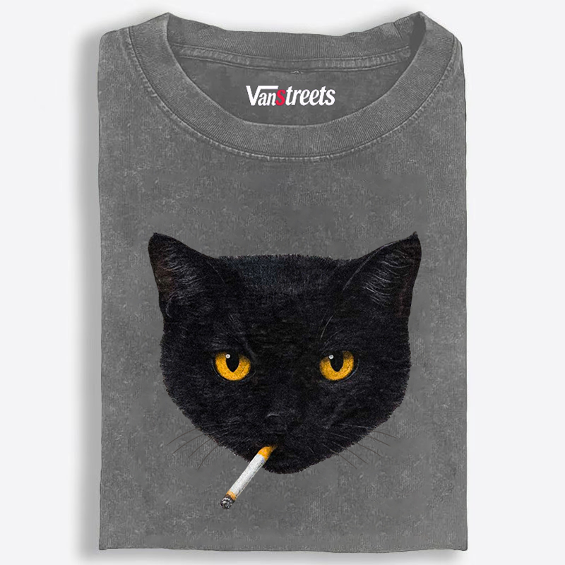 Smoking Black Cat Retro Washed T-Shirt | 100% Cotton | Streetwear Essential
