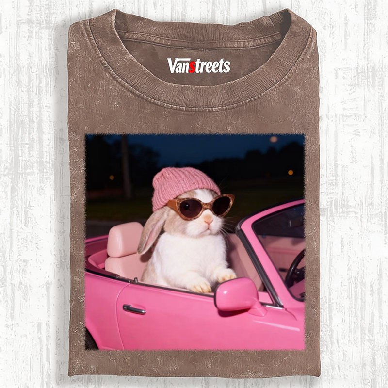 Fashion Bunny Cruising In Pink Car Retro Washed T-Shirt | 100% Cotton | Streetwear Essential