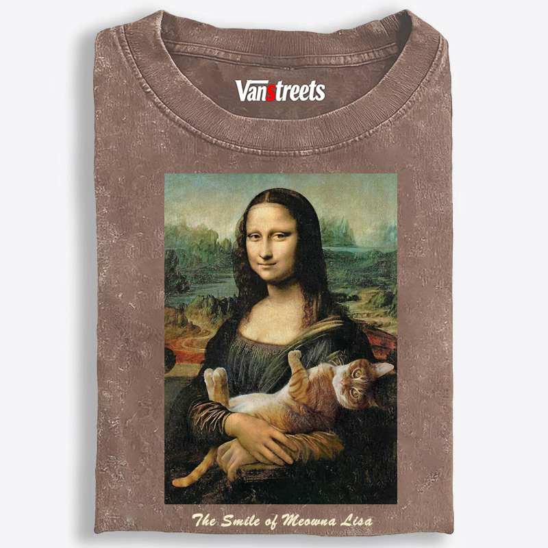 Meowna Lisa Mona Lisa Cat Parody Retro Washed T-Shirt | 100% Cotton | Streetwear Essential