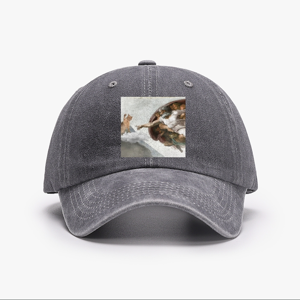 Cat Parody of "The Creation of Adam" Art Retro Washed Baseball Cap