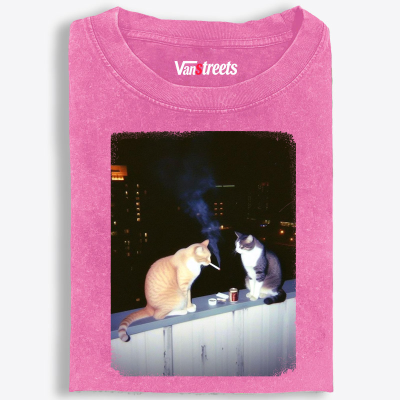 Smoking Cat Retro Washed T-Shirt | 100% Cotton | Streetwear Essential