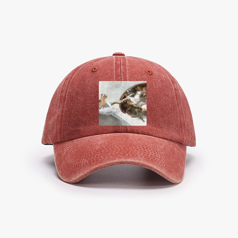 Cat Parody of "The Creation of Adam" Art Retro Washed Baseball Cap