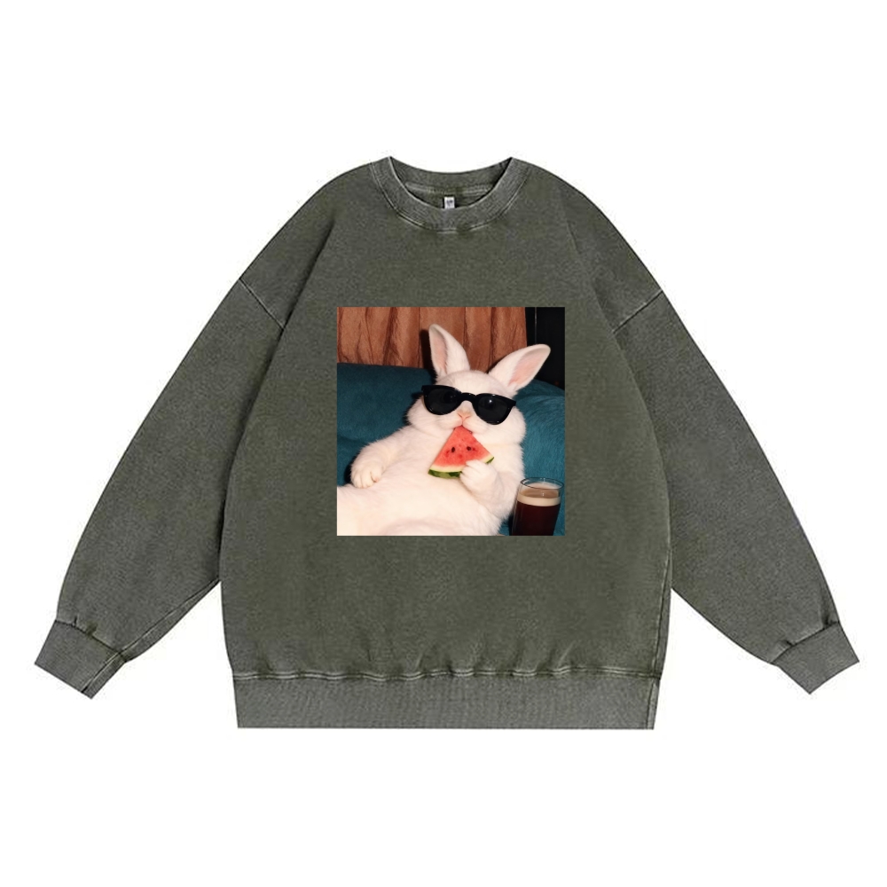 Rabbit Eating Watermelon Sunglasses Retro Premium Washed Cotton Crewneck Sweatshirt