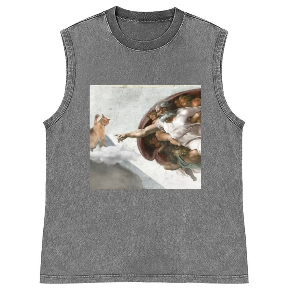 Cat Parody of "The Creation of Adam" Art Retro Washed Tank Top