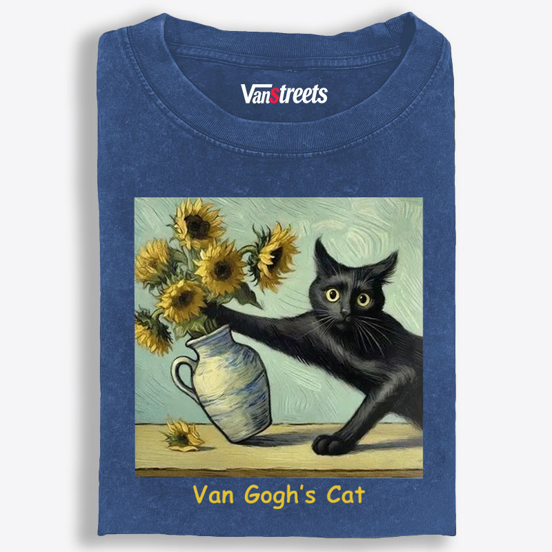 Van Gogh's Cat with Sunflowers Retro Washed T-Shirt | 100% Cotton | Streetwear Essential
