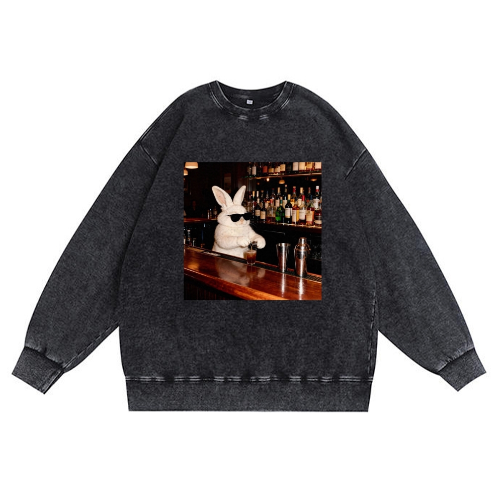 Bartender Bunny Retro Premium Washed Cotton Crewneck Sweatshirt