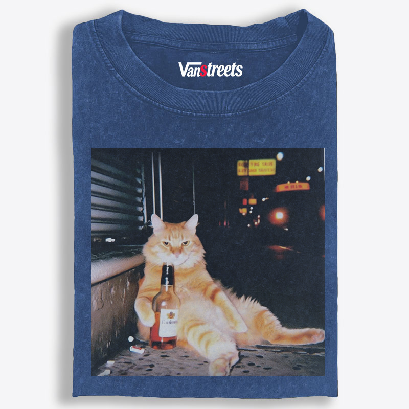 Street Drunk Cat Meme Retro Washed T-Shirt | 100% Cotton | Streetwear Essential