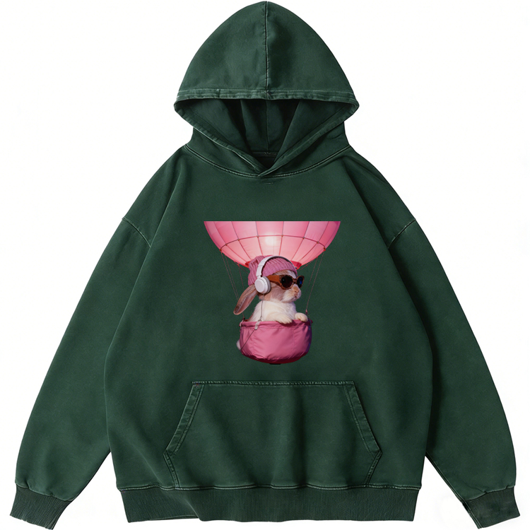 Hot Air Balloon Travel Rabbit Retro Washed Hoodide | 100% Cotton | Streetwear Essential