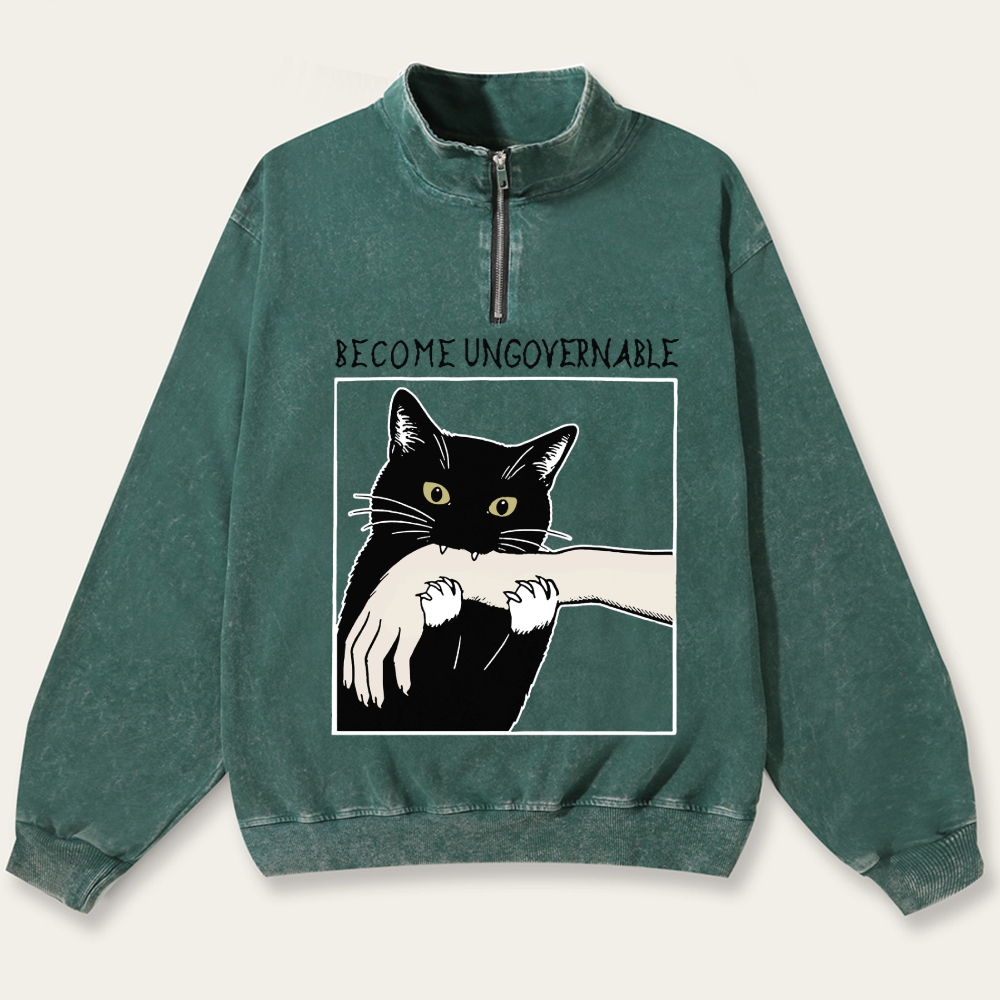 Become Ungovernable Cat Retro Washed Zip-Up Mock Neck Sweatshirt