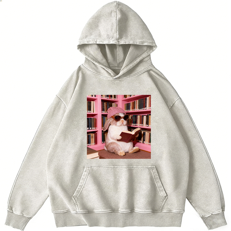 Bunny Bookish Rabbit Retro Washed Hoodide | 100% Cotton | Streetwear Essential