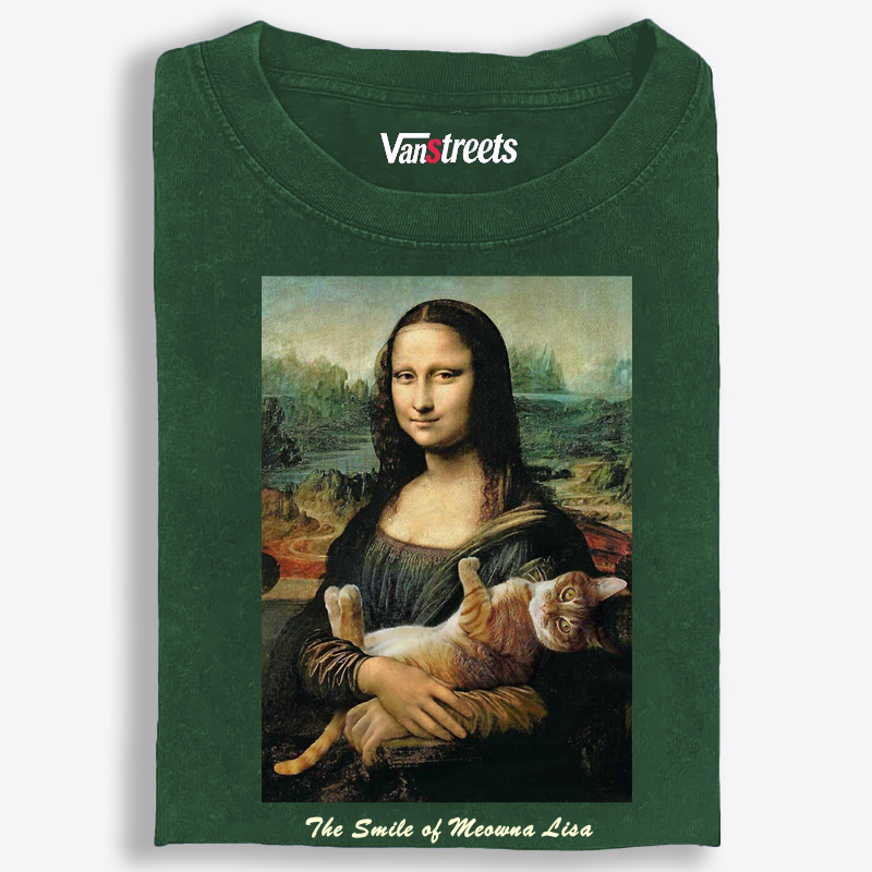 Meowna Lisa Mona Lisa Cat Parody Retro Washed T-Shirt | 100% Cotton | Streetwear Essential