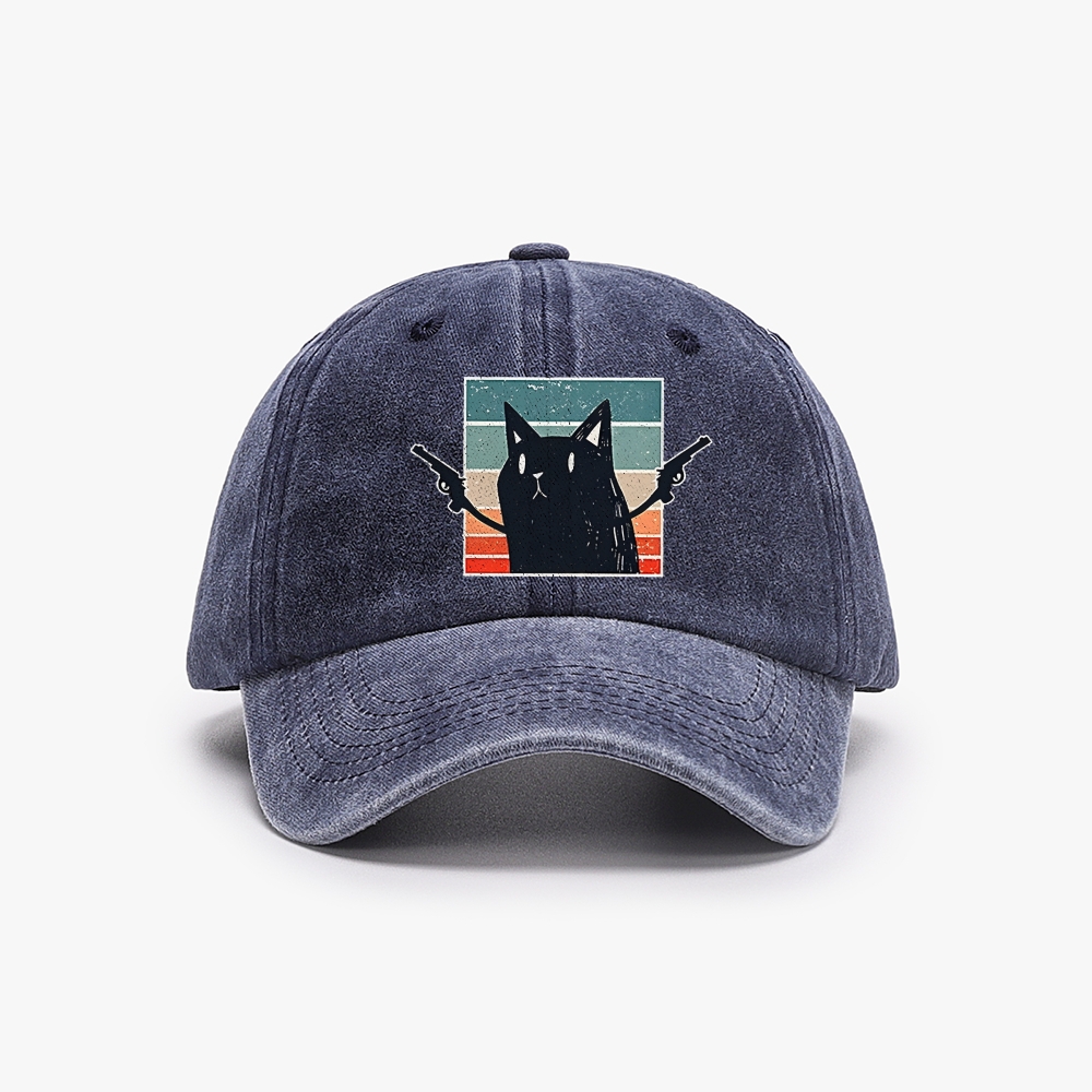 "Pew Pew Madafakas" Black Cat Retro Washed Baseball Cap