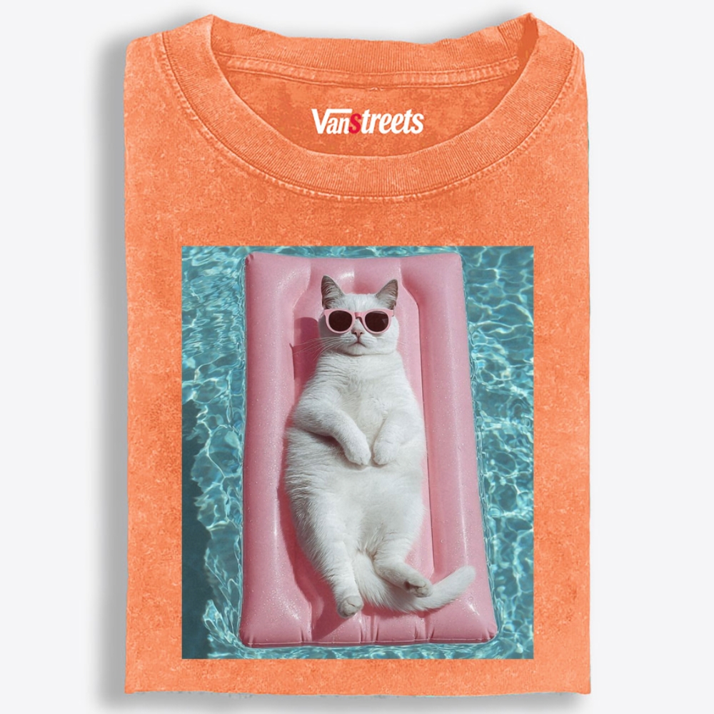 White Cat On Pink Pool Float Meme Retro Washed T-Shirt | 100% Cotton | Streetwear Essential
