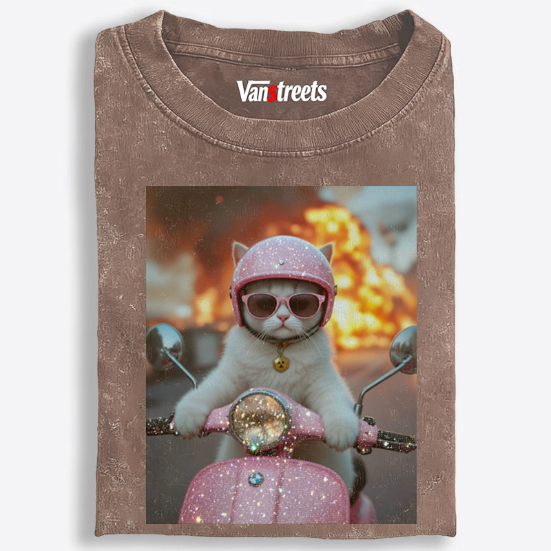 Pink Scooter Cat & Explosion Meme Retro Washed T-Shirt | 100% Cotton | Streetwear Essential