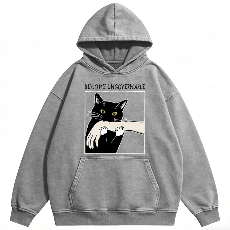 Become Ungovernable Biting Cat Retro Washed Hoodide | 100% Cotton | Streetwear Essential
