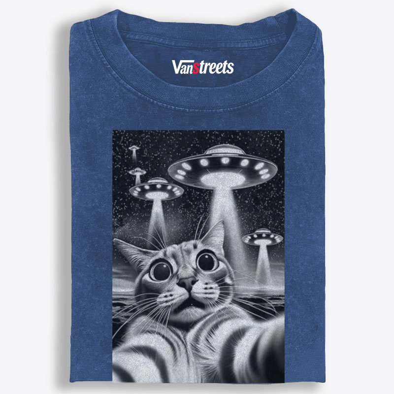 Cat Selfie with UFOs Sci-Fi Retro Washed T-Shirt | 100% Cotton | Streetwear Essential