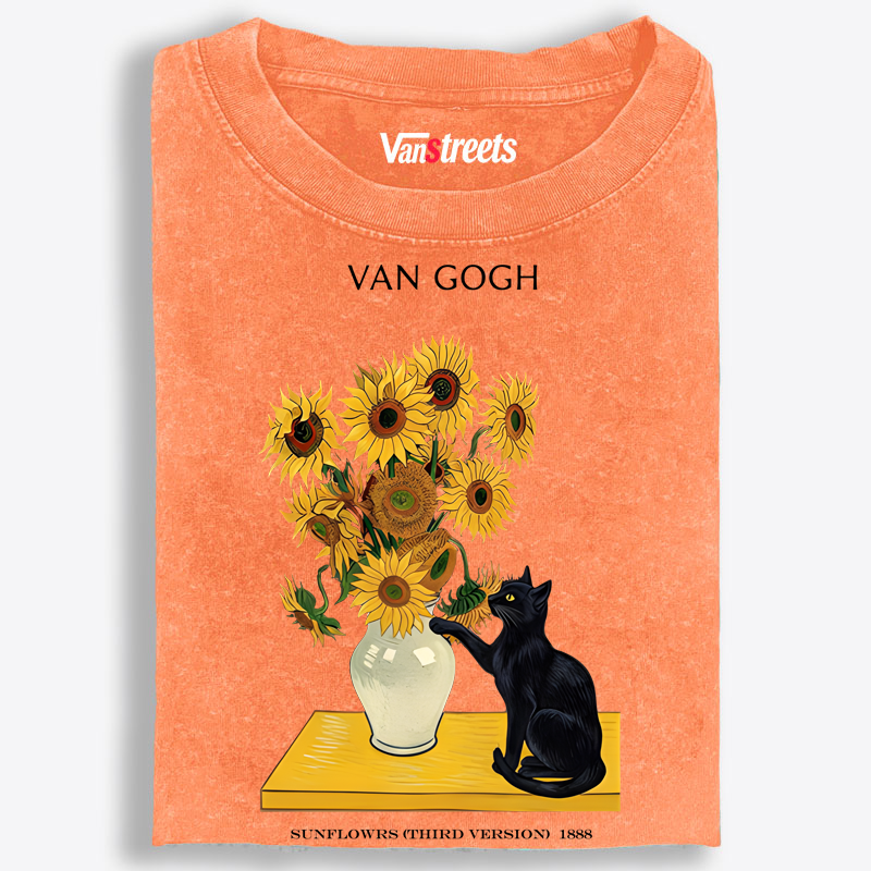 Curious Cat Touching Sunflowers Washed T-Shirt | 100% Cotton | Streetwear Essential