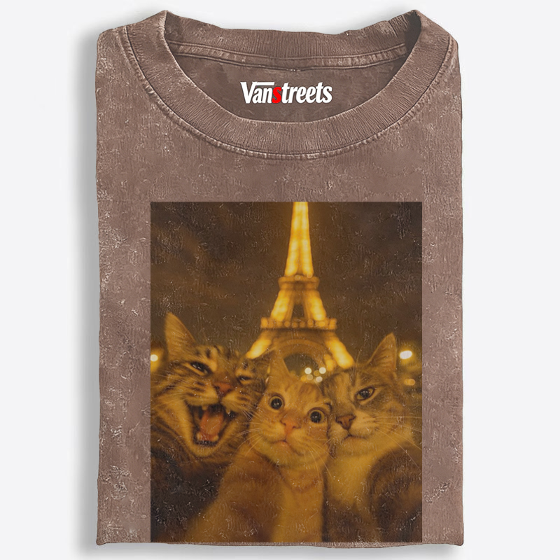 Cats at Eiffel Tower Selfie Cats at Eiffel Tower Selfie Retro Washed T-Shirt | 100% Cotton | Streetwear Essential