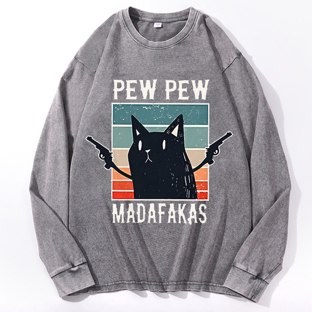 "Pew Pew Madafakas" Black Cat Retro Washed Long Sleeve T-Shirt