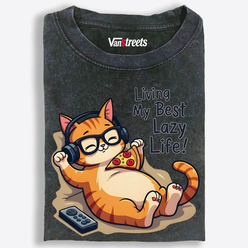Living My Best Lazy Life Cat Washed T-Shirt | 100% Cotton | Streetwear Essential