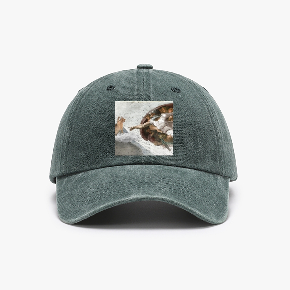 Cat Parody of "The Creation of Adam" Art Retro Washed Baseball Cap