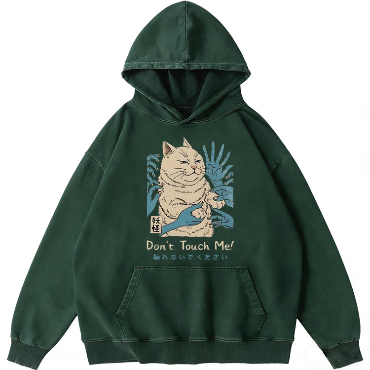 Yokai Cat Don't Touch Me Japanese Retro Washed Hoodide | 100% Cotton | Streetwear Essential